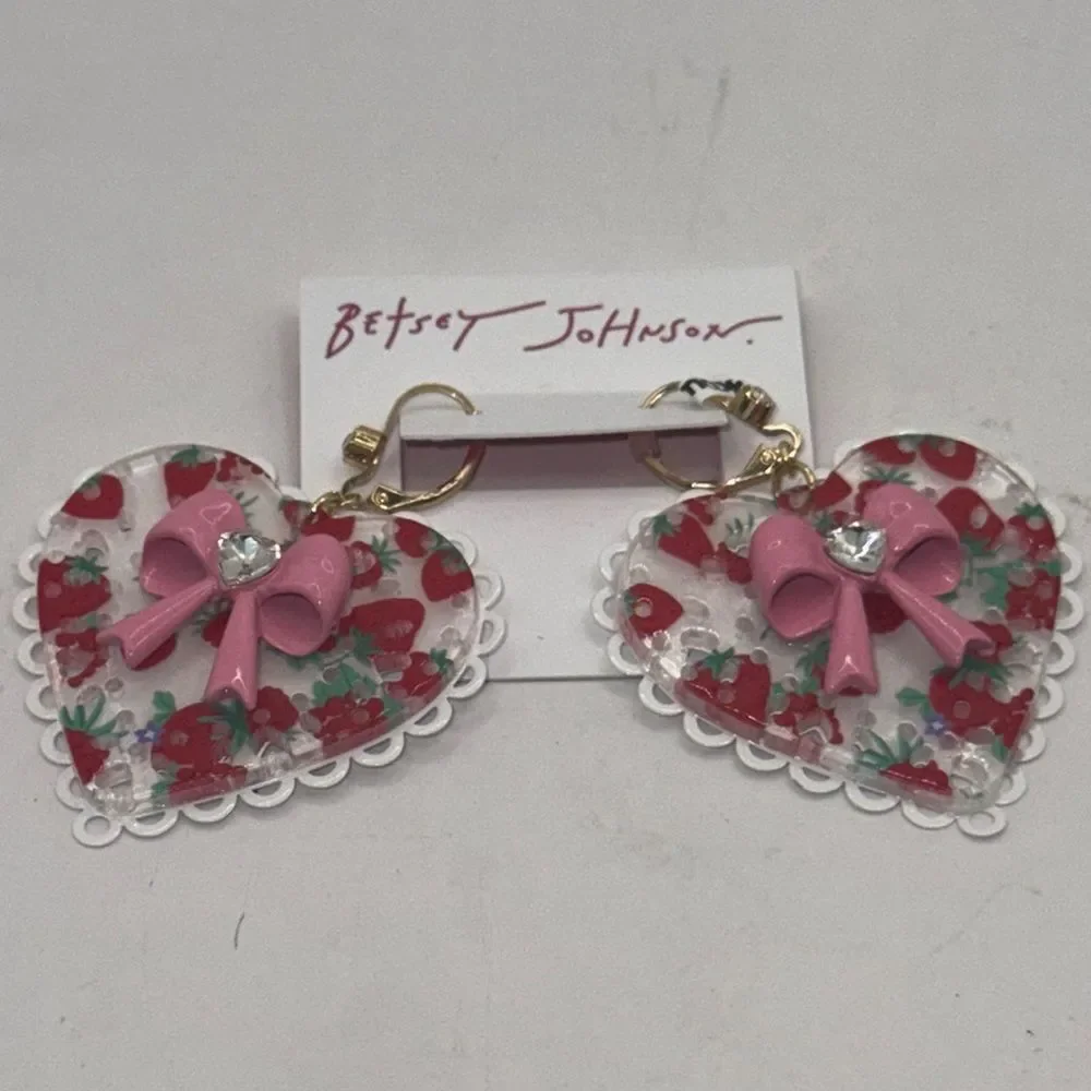 Betsey Johnson Pink and Red Heart Earrings - Picture 2 of 6